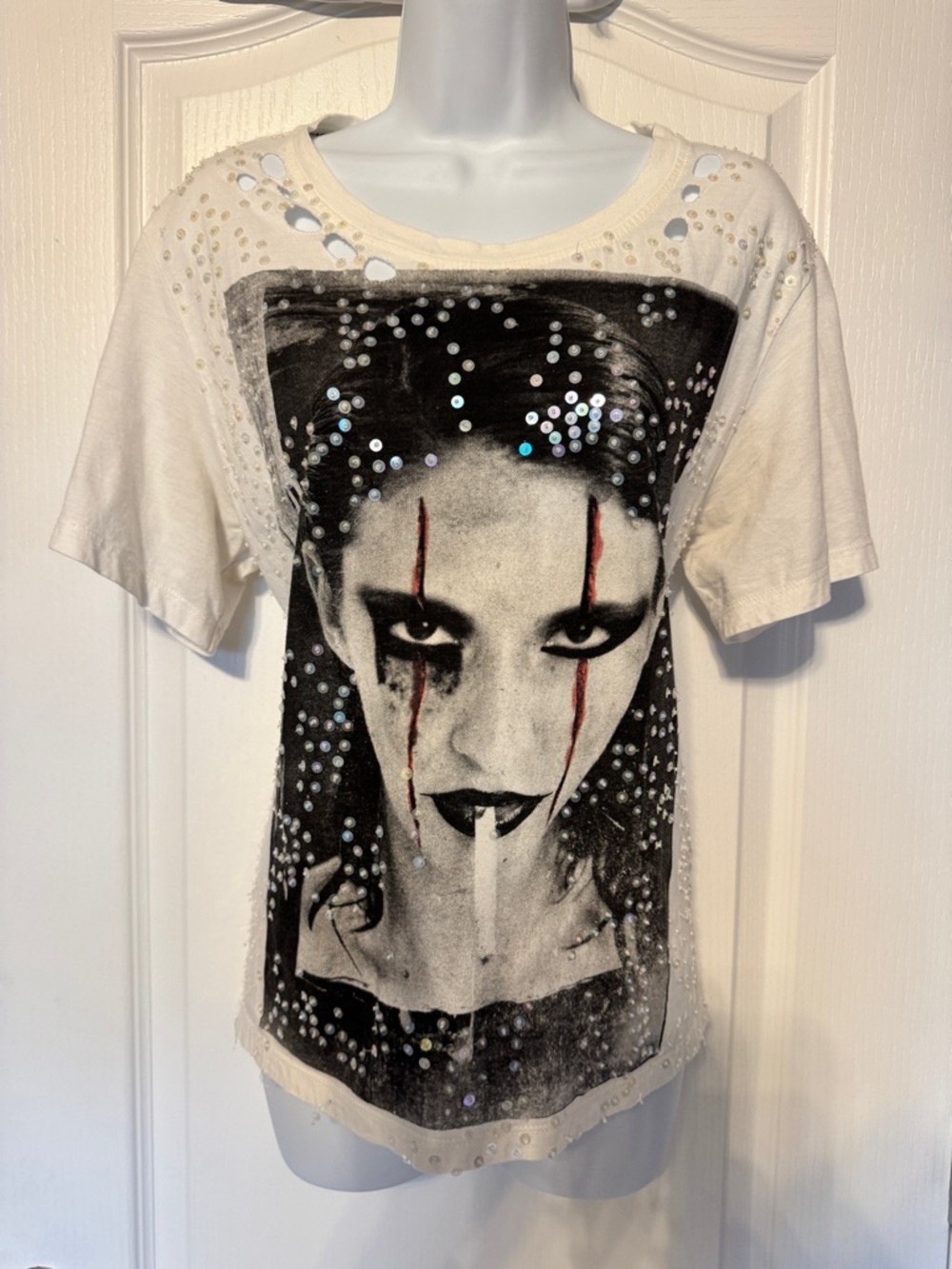 Religion Graphic Distressed Tee Medium | Studded Gothic Portrait Shirt